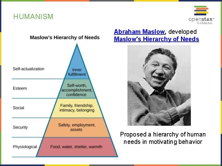 HUMANISM Abraham Maslow, developed Maslow's Hierarchy of Needs Proposed a hierarchy of human needs