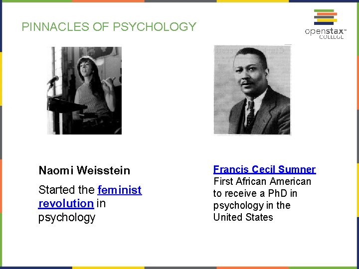 PINNACLES OF PSYCHOLOGY Naomi Weisstein Started the feminist revolution in psychology Francis Cecil Sumner