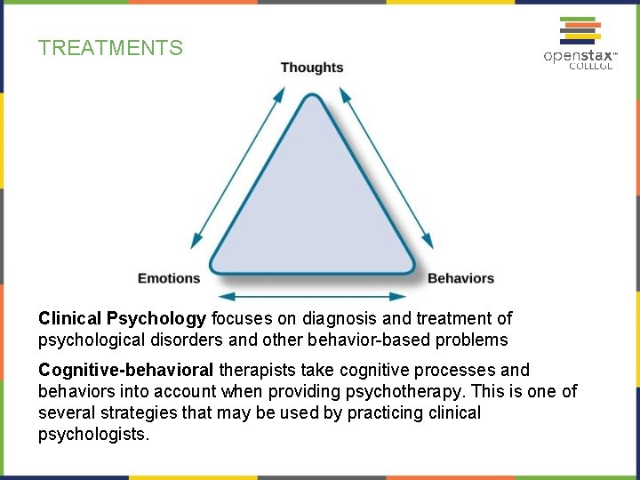 TREATMENTS Clinical Psychology focuses on diagnosis and treatment of psychological disorders and other behavior-based