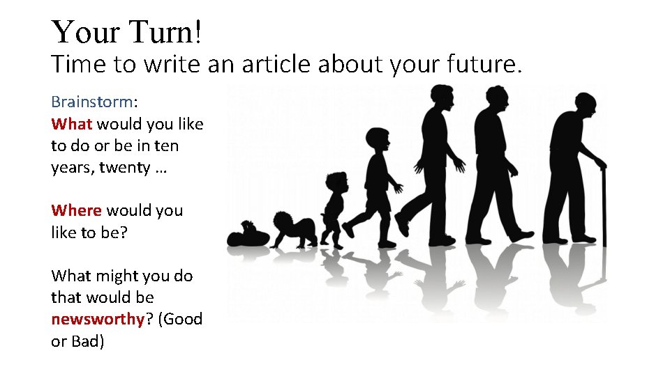 Your Turn! Time to write an article about your future. Brainstorm: What would you