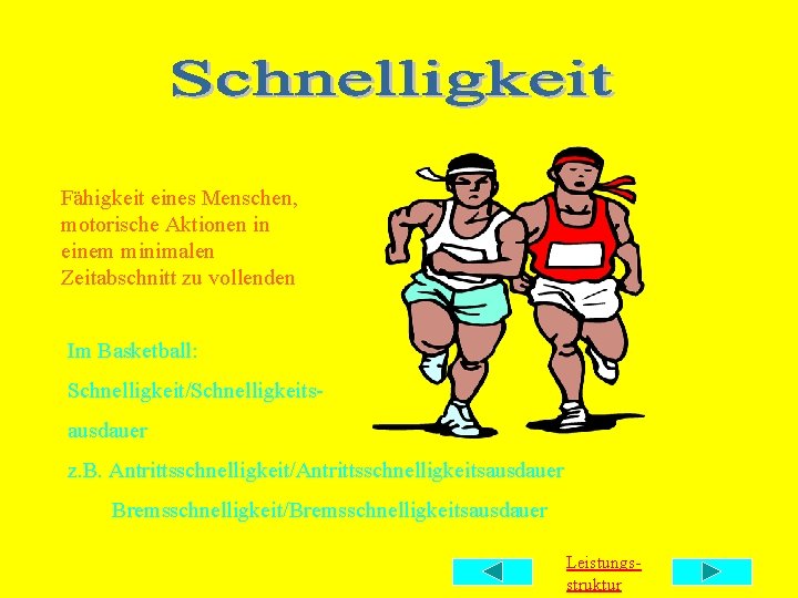 Fähigkeit eines Menschen, motorische Aktionen in einem minimalen Zeitabschnitt zu vollenden Im Basketball: Schnelligkeit/Schnelligkeitsausdauer