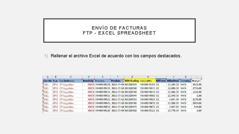 ENVÍO DE FACTURAS FTP - EXCEL SPREADSHEET 1) Rellenar el archivo Excel de acuerdo