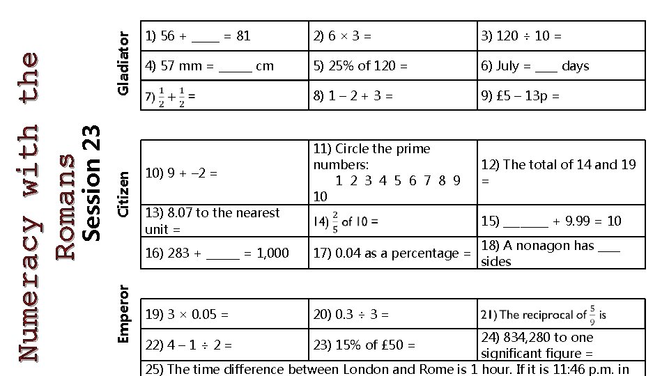 Gladiator Citizen Emperor Session 23 Numeracy with the Romans 1) 56 + _____ =