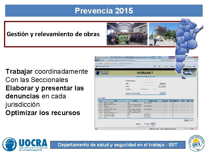 Prevencia 2015 Gestión y relevamiento de obras Trabajar coordinadamente Con las Seccionales Elaborar y