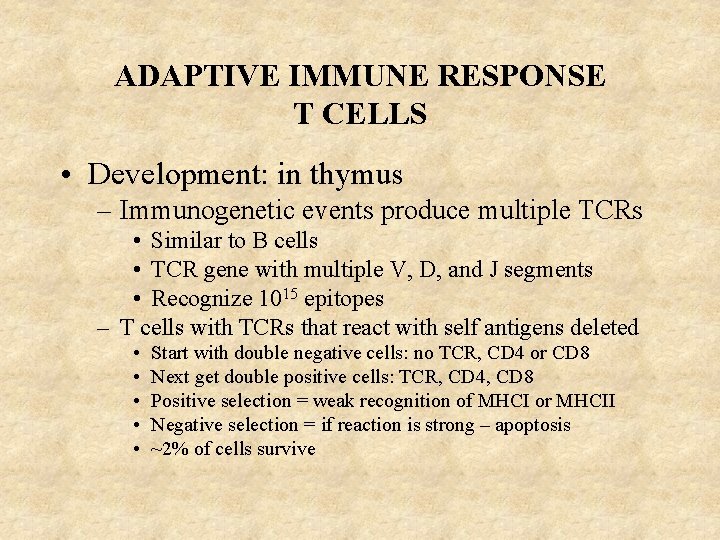 ADAPTIVE IMMUNE RESPONSE T CELLS • Development: in thymus – Immunogenetic events produce multiple