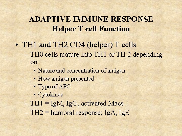 ADAPTIVE IMMUNE RESPONSE Helper T cell Function • TH 1 and TH 2 CD