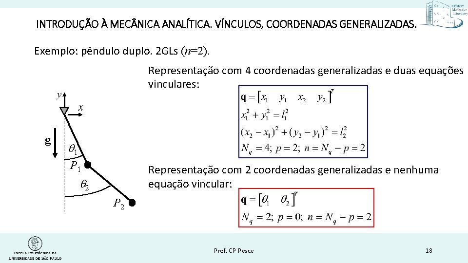 INTRODUÇÃO À MEC NICA ANALÍTICA. VÍNCULOS, COORDENADAS GENERALIZADAS. Exemplo: pêndulo duplo. 2 GLs (n=2).