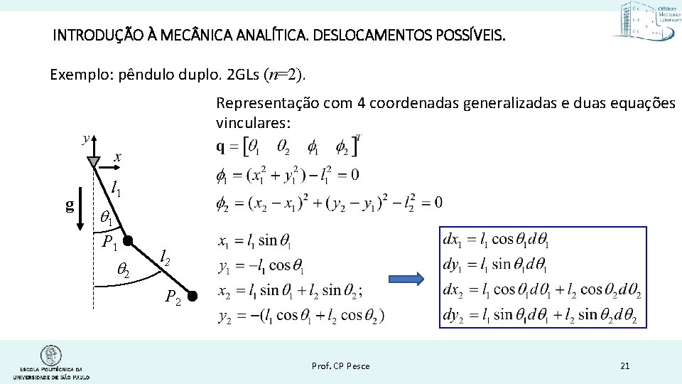 INTRODUÇÃO À MEC NICA ANALÍTICA. DESLOCAMENTOS POSSÍVEIS. Exemplo: pêndulo duplo. 2 GLs (n=2). Representação