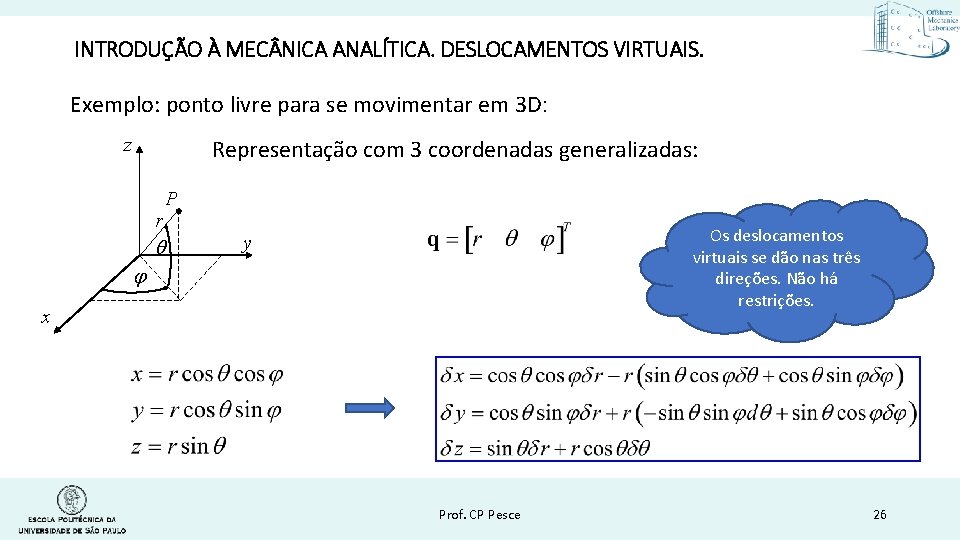 INTRODUÇÃO À MEC NICA ANALÍTICA. DESLOCAMENTOS VIRTUAIS. Exemplo: ponto livre para se movimentar em