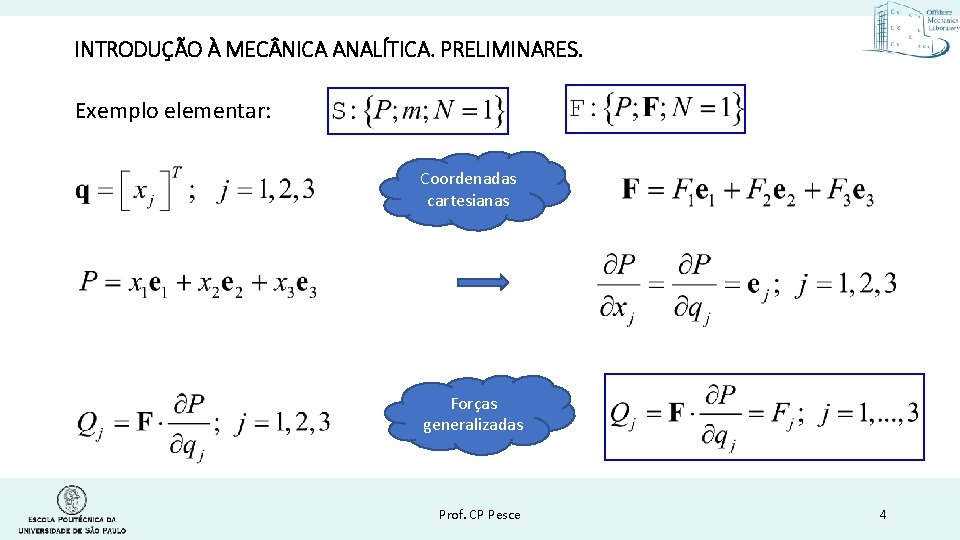 INTRODUÇÃO À MEC NICA ANALÍTICA. PRELIMINARES. Exemplo elementar: Coordenadas cartesianas Forças generalizadas Prof. CP