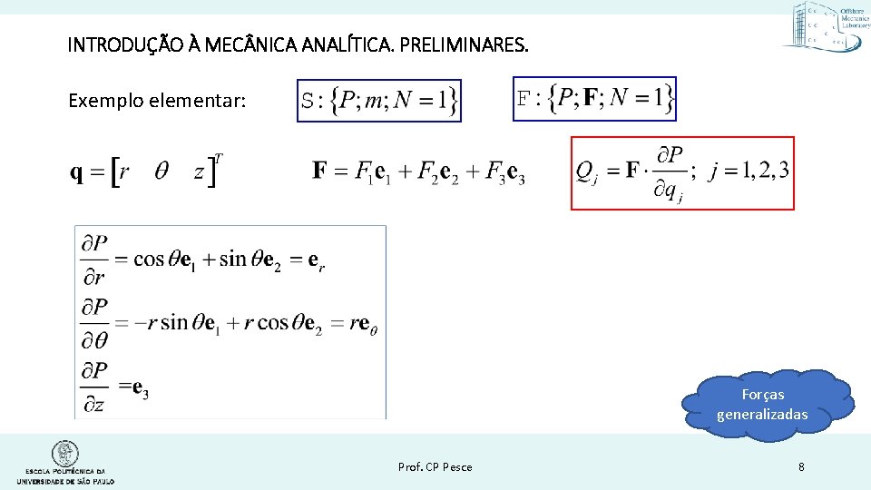 INTRODUÇÃO À MEC NICA ANALÍTICA. PRELIMINARES. Exemplo elementar: Forças generalizadas Prof. CP Pesce 8