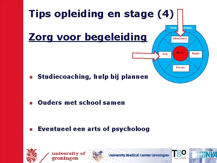 Tips opleiding en stage (4) Zorg voor begeleiding n Studiecoaching, hulp bij plannen n