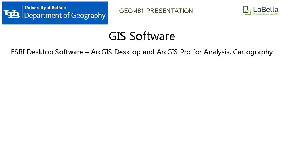 GEO 481 PRESENTATION GIS Software ESRI Desktop Software – Arc. GIS Desktop and Arc.