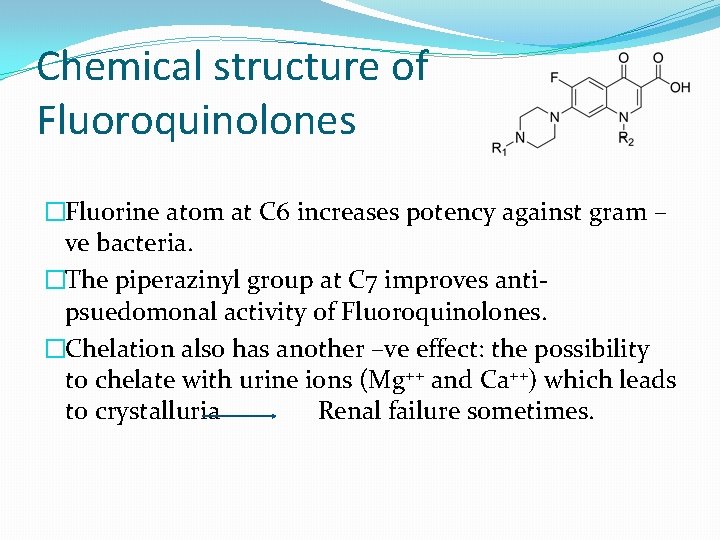 Chemical structure of Fluoroquinolones �Fluorine atom at C 6 increases potency against gram –