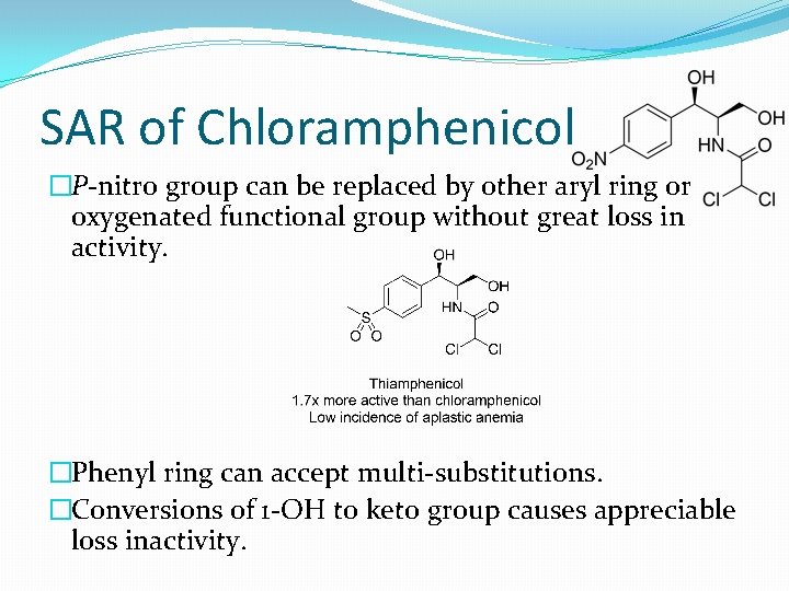 SAR of Chloramphenicol �P-nitro group can be replaced by other aryl ring or oxygenated