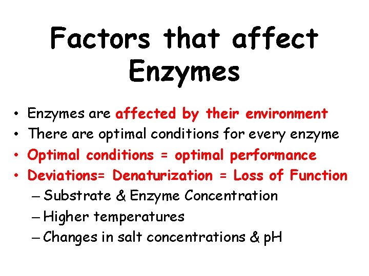 Factors that affect Enzymes • • Enzymes are affected by their environment There are