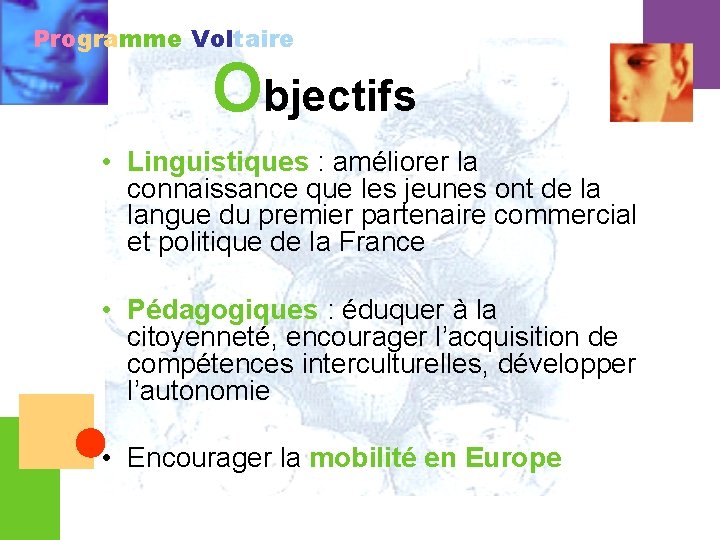 Programme Voltaire Objectifs • Linguistiques : améliorer la connaissance que les jeunes ont de
