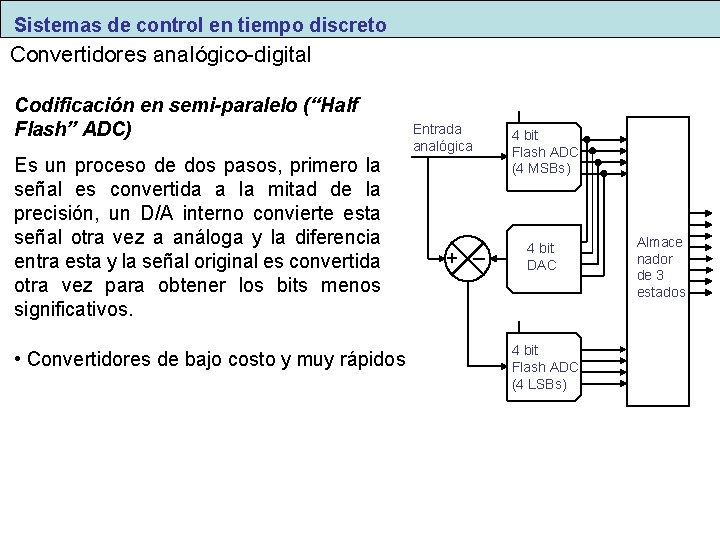Sistemas de control en tiempo discreto Convertidores analógico-digital Codificación en semi-paralelo (“Half Flash” ADC)