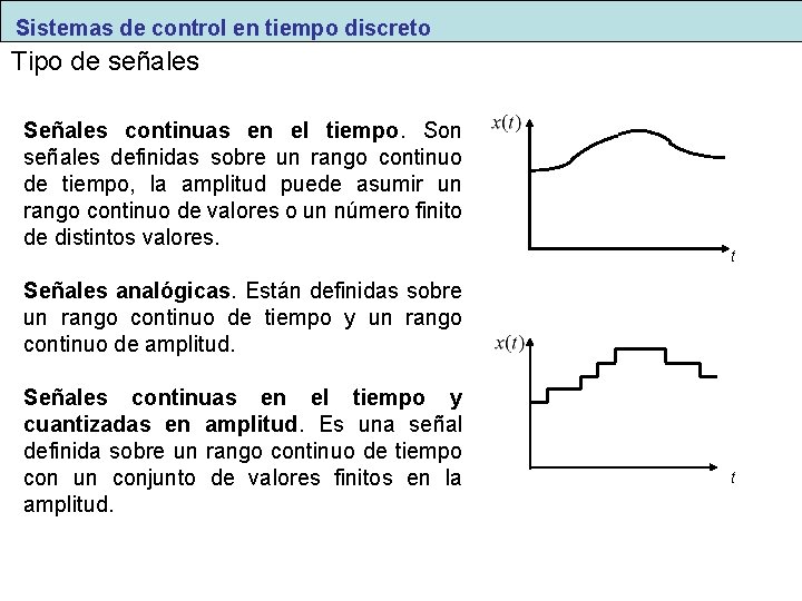 Sistemas de control en tiempo discreto Tipo de señales Señales continuas en el tiempo.