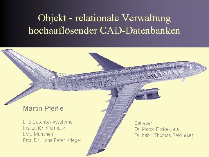 Objekt - relationale Verwaltung hochauflösender CAD-Datenbanken Martin Pfeifle LFE Datenbanksysteme Institut für Informatik LMU