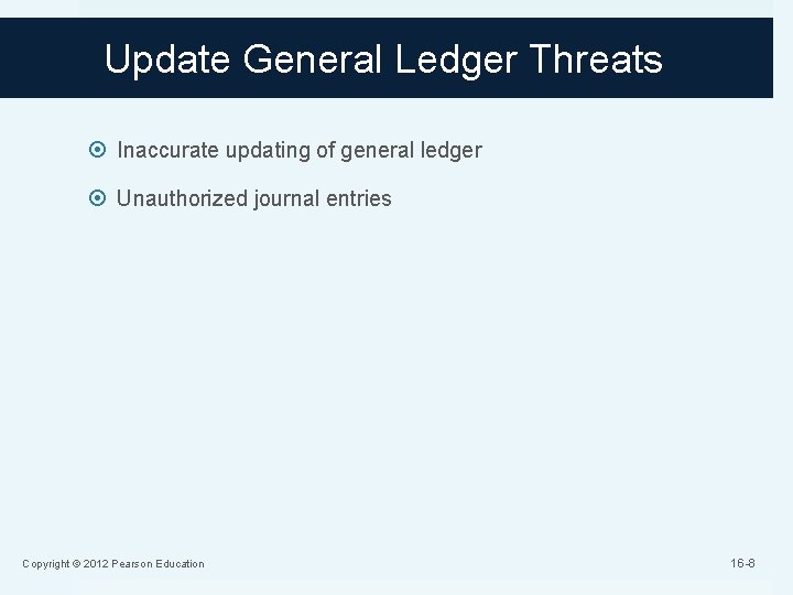 Update General Ledger Threats Inaccurate updating of general ledger Unauthorized journal entries Copyright ©
