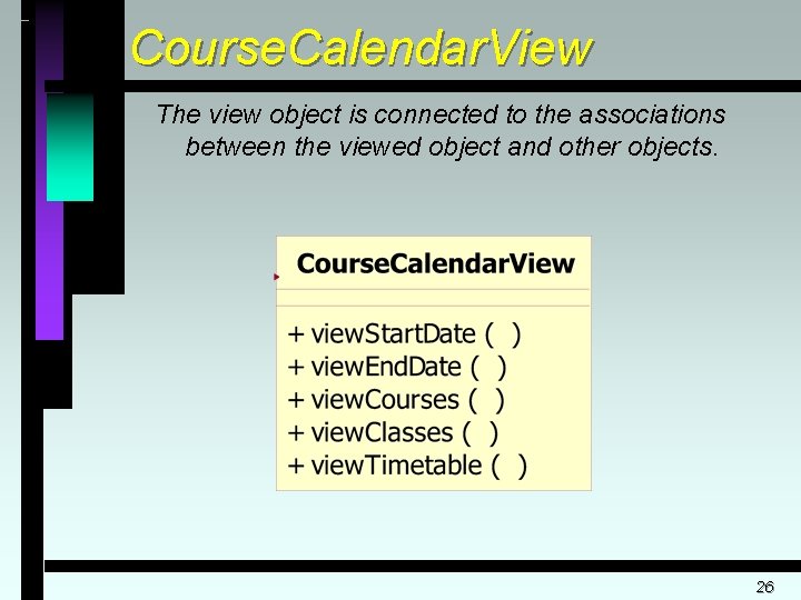 Course. Calendar. View The view object is connected to the associations between the viewed