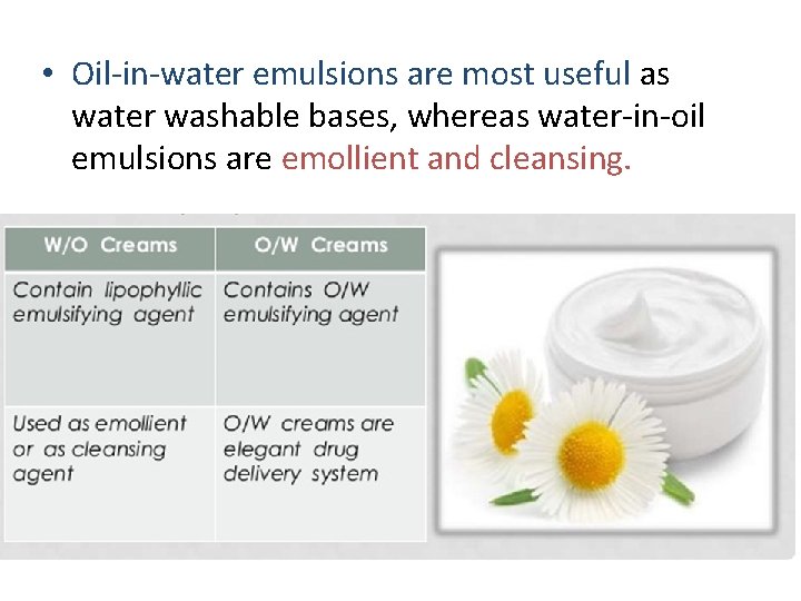  • Oil-in-water emulsions are most useful as water washable bases, whereas water-in-oil emulsions