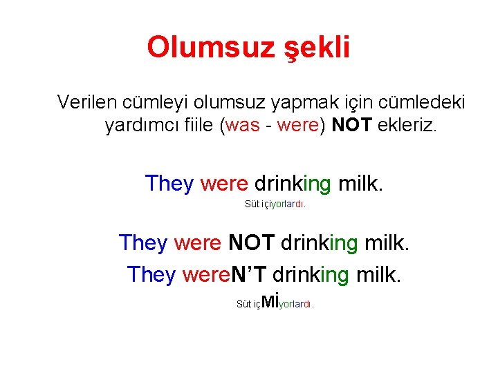 Olumsuz şekli Verilen cümleyi olumsuz yapmak için cümledeki yardımcı fiile (was - were) NOT