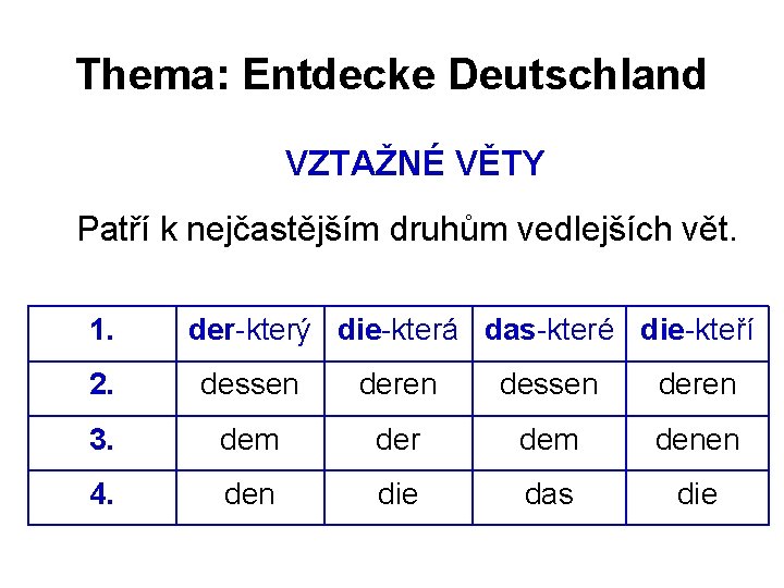 Thema: Entdecke Deutschland VZTAŽNÉ VĚTY Patří k nejčastějším druhům vedlejších vět. 1. der-který die-která