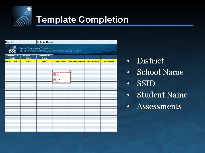 Template Completion • • • District School Name SSID Student Name Assessments 