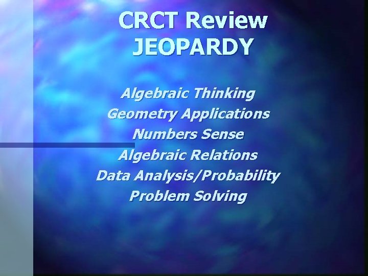 CRCT Review JEOPARDY Algebraic Thinking Geometry Applications Numbers Sense Algebraic Relations Data Analysis/Probability Problem
