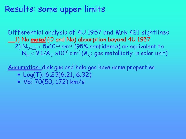 Results: some upper limits Differential analysis of 4 U 1957 and Mrk 421 sightlines