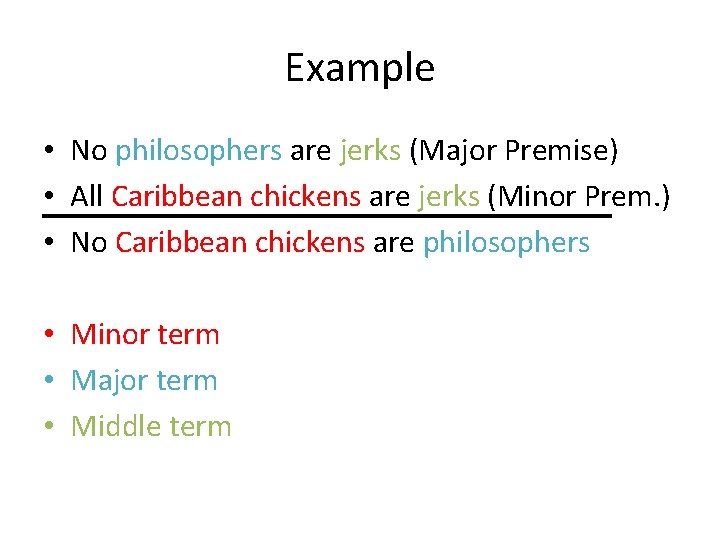 Example • No philosophers are jerks (Major Premise) • All Caribbean chickens are jerks