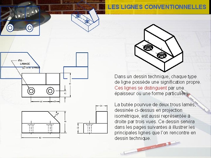 LES LIGNES CONVENTIONNELLES Dans un dessin technique, chaque type de ligne possède une signification