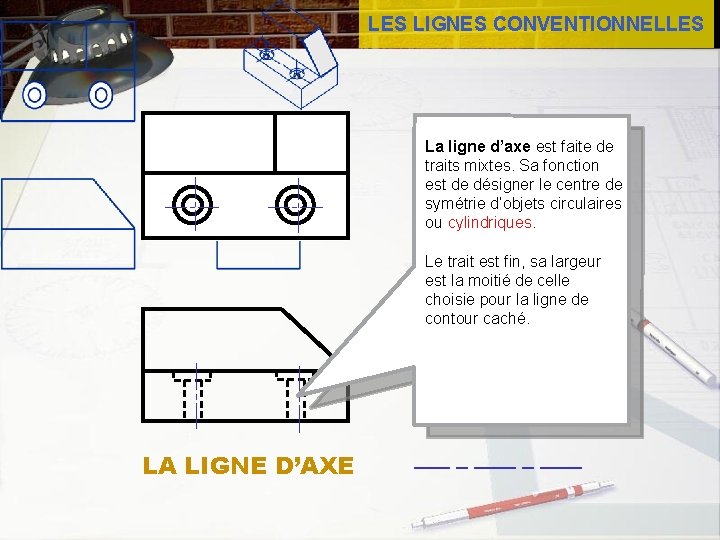 LES LIGNES CONVENTIONNELLES La ligne d’axe est faite de traits mixtes. Sa fonction est