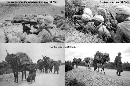 Méharistes avec une mitrailleuse Hotchkiss (ECPAD) Le Train muletier (ECPAD) Tirailleurs marocains (ECPAD) 