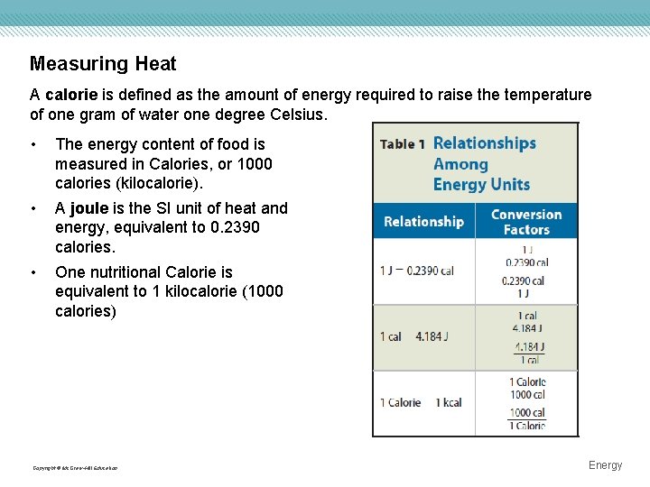 Measuring Heat A calorie is defined as the amount of energy required to raise