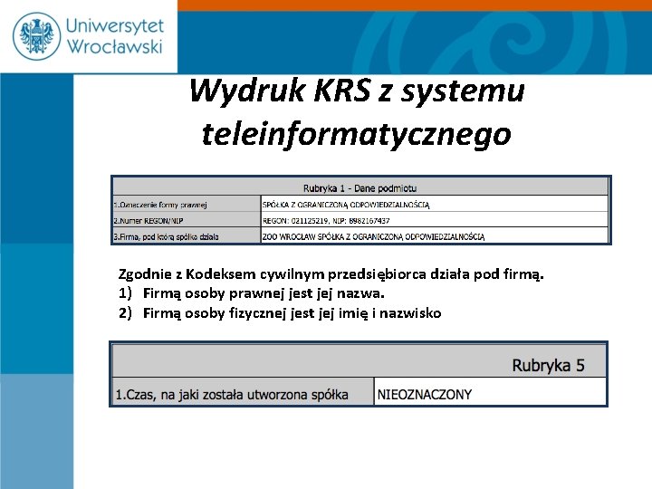 Wydruk KRS z systemu teleinformatycznego Zgodnie z Kodeksem cywilnym przedsiębiorca działa pod firmą. 1)