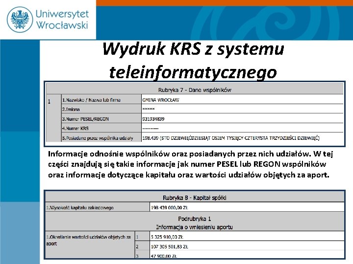 Wydruk KRS z systemu teleinformatycznego Informacje odnośnie wspólników oraz posiadanych przez nich udziałów. W