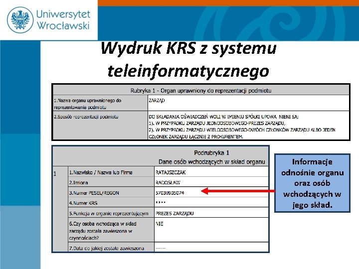 Wydruk KRS z systemu teleinformatycznego Informacje odnośnie organu oraz osób wchodzących w jego skład.