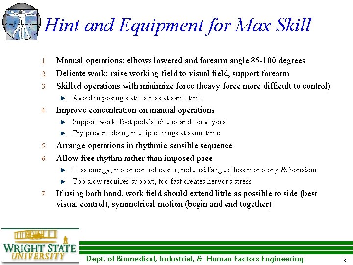 Hint and Equipment for Max Skill 1. 2. 3. Manual operations: elbows lowered and