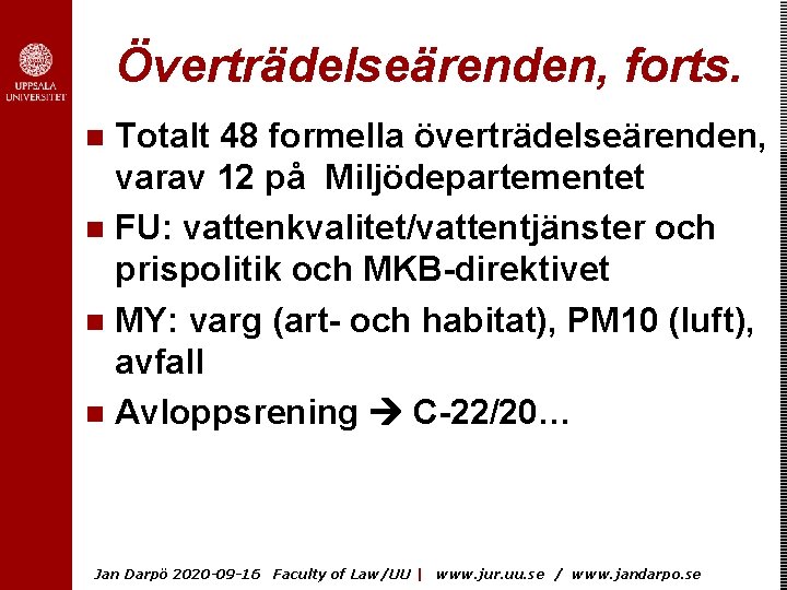 Överträdelseärenden, forts. Totalt 48 formella överträdelseärenden, varav 12 på Miljödepartementet n FU: vattenkvalitet/vattentjänster och