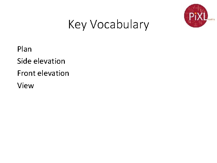 Key Vocabulary Plan Side elevation Front elevation View 