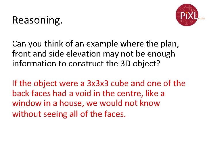 Reasoning. Can you think of an example where the plan, front and side elevation