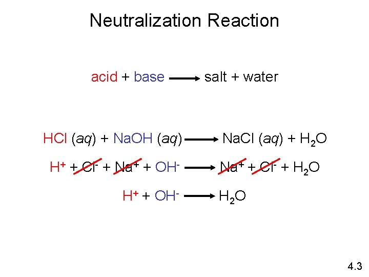Neutralization Reaction acid + base HCl (aq) + Na. OH (aq) H+ + Cl-