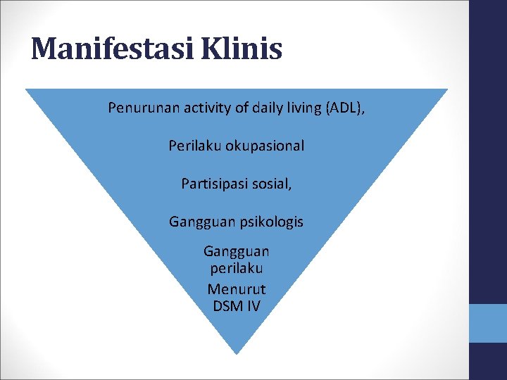 Manifestasi Klinis Penurunan activity of daily living (ADL), Perilaku okupasional Partisipasi sosial, Gangguan psikologis