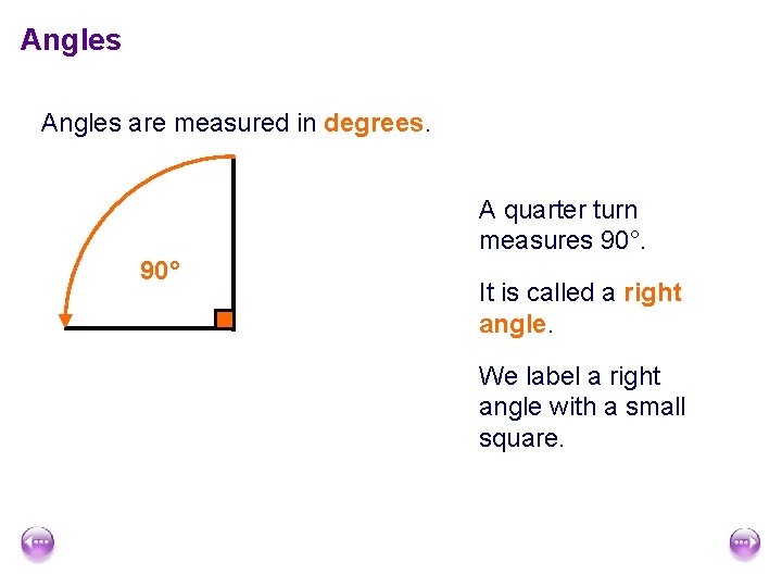 Angles are measured in degrees. A quarter turn measures 90° It is called a