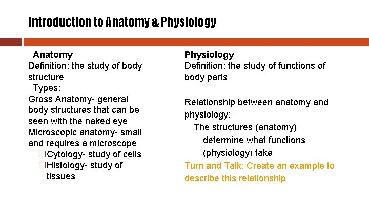 Introduction to Anatomy & Physiology Anatomy Definition: the study of body structure Types: Gross