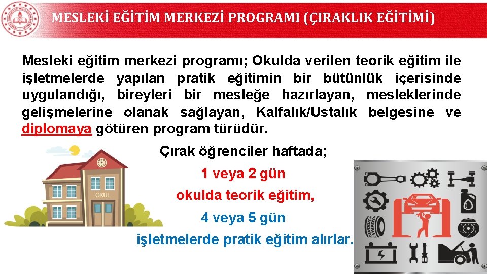 MESLEKİ EĞİTİM MERKEZİ PROGRAMI (ÇIRAKLIK EĞİTİMİ) Mesleki eğitim merkezi programı; Okulda verilen teorik eğitim MESLEKİ EĞİTİM MERKEZİ PROGRAMI (ÇIRAKLIK EĞİTİMİ) Mesleki eğitim merkezi programı; Okulda verilen teorik eğitim
