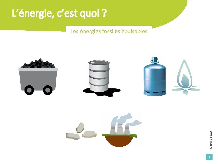 L’énergie, c’est quoi ? © Eco CO 2 2019 Les énergies fossiles épuisables 6